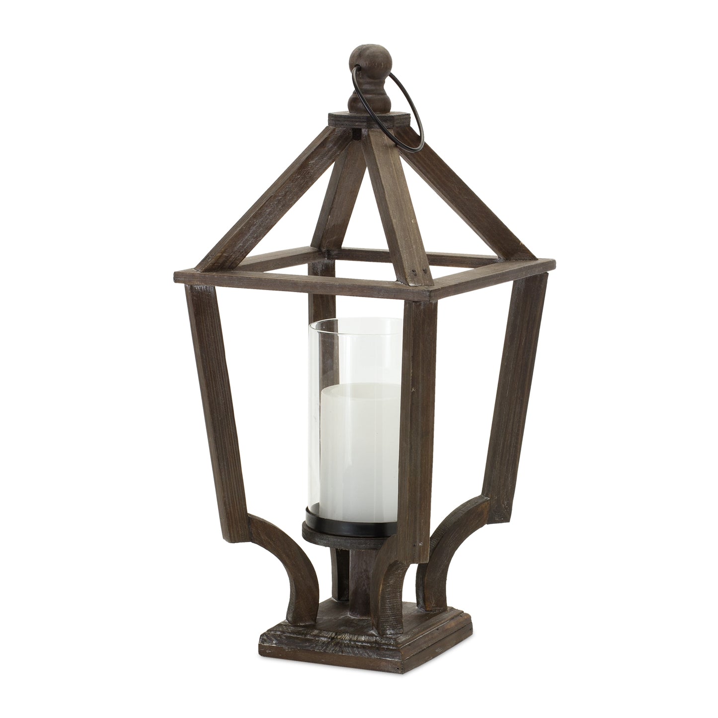 Open Wood Lantern with Glass Hurricane