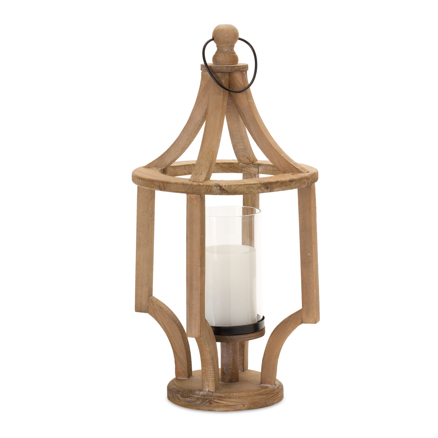 Open Wood Lantern with Glass Hurricane