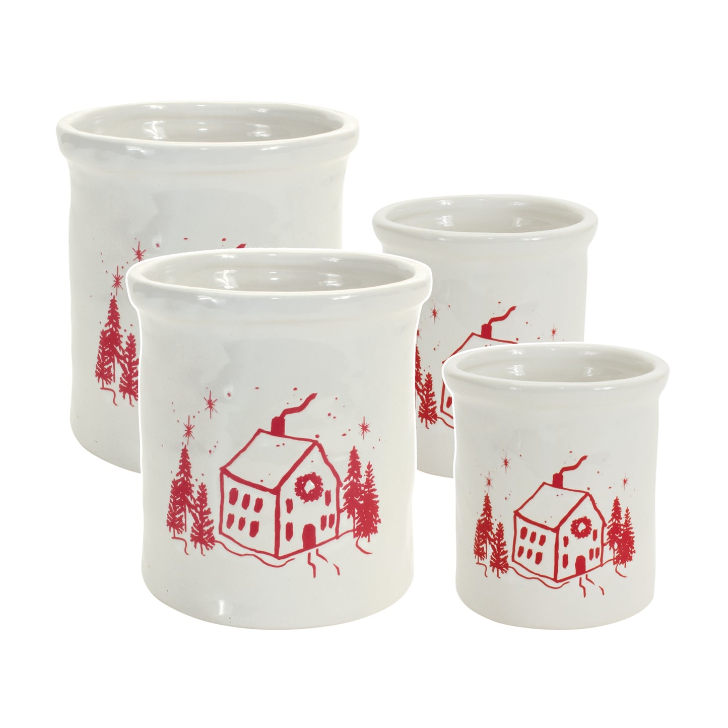 Ceramic Crock with Snowy House Scene (Set of 4)