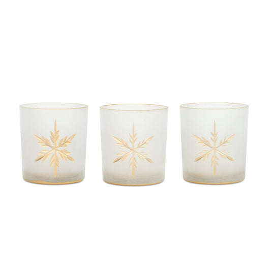 White Frosted Glass Snowflake Votive Candle Holder (Set of 3)