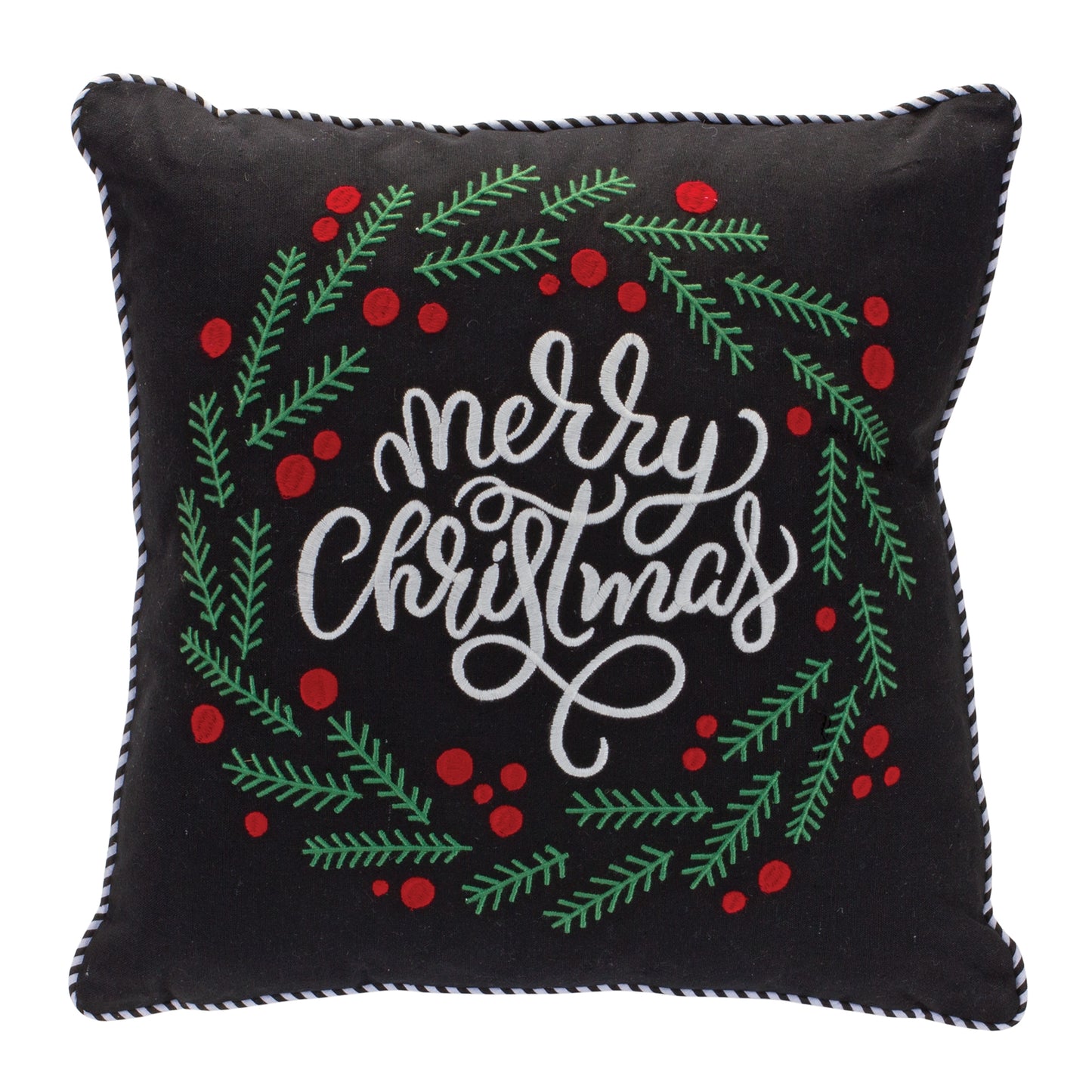Embroidered Merry Christmas Wreath Throw Pillow 15"SQ