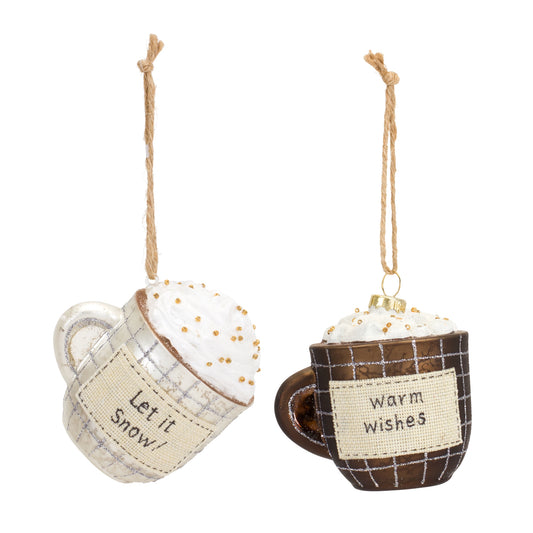 Glass Coffee Mug Ornament with Whipped Cream Accent (Set of 2)