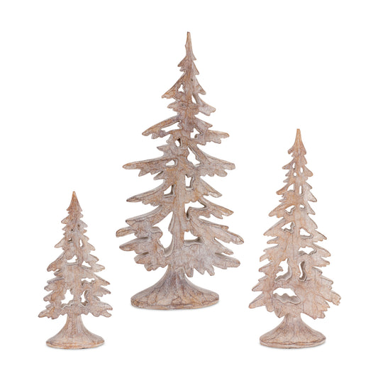 Cut Out Pine Tree Décor with Washed Wooden Design (Set of 3)