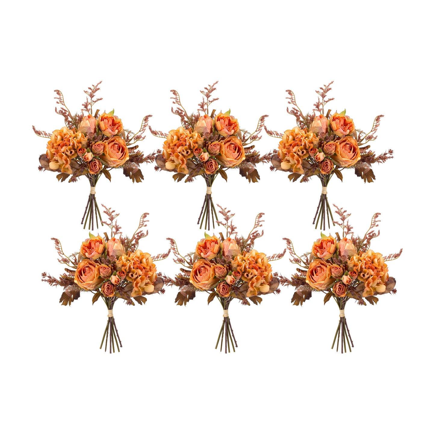 Coral Rose and Hydrangea Floral Bouquet with Fall Foliage (Set of 6)