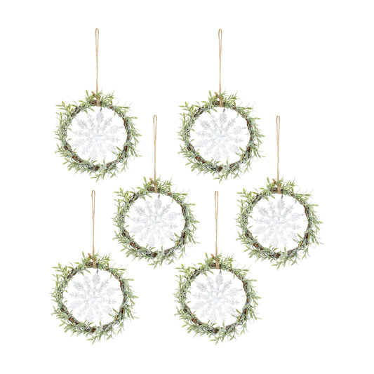 Frosted Winter Mini Leaf Wreath with Snowflake Ornament (Set of 6)