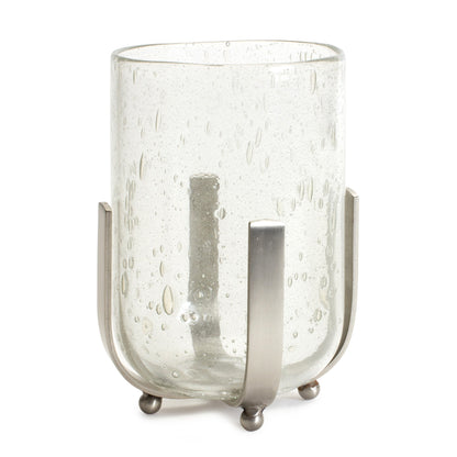 Bubbled Glass Vase Candle Hurricane with Metal Stand