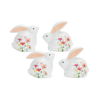 Terra Cotta Bunny Figurine with Painted Floral Design (Set of 4)