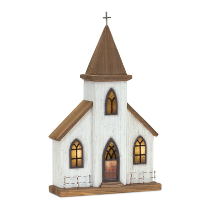 Lighted Natural Wooden Church Display with Rustic Metal Accents 17.5"H