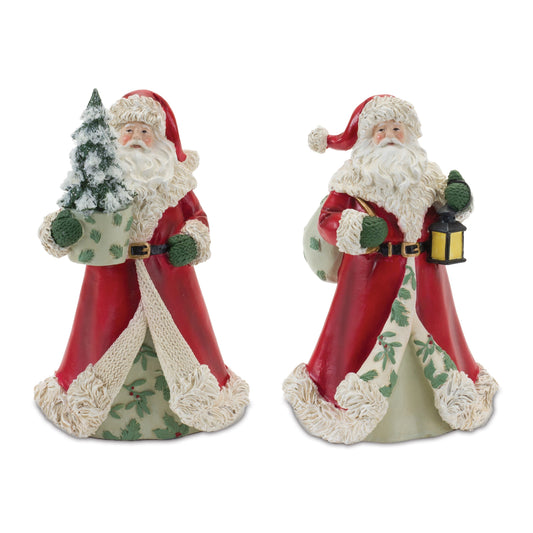 Santa Figurine with Lantern and Pine Tree (Set of 2)