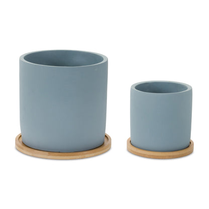 Blue Stone Planter with Wood Plate (Set of 2)