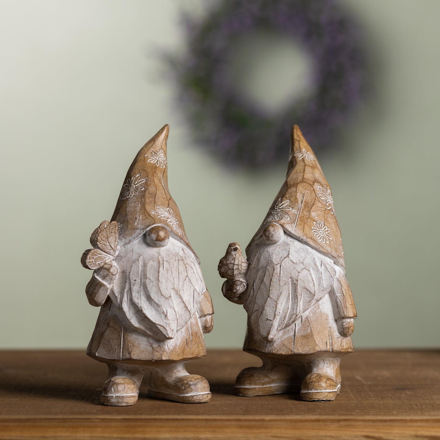 Carved Spring Gnome Figurine (Set of 2)