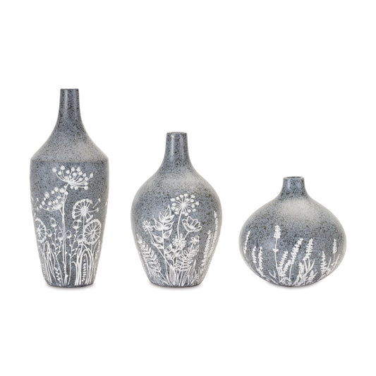 Floral Etched Bottle Vase (Set of 3)