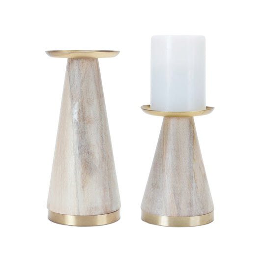 Natural Wood Candle Holder with Metal Accent (Set of 2)