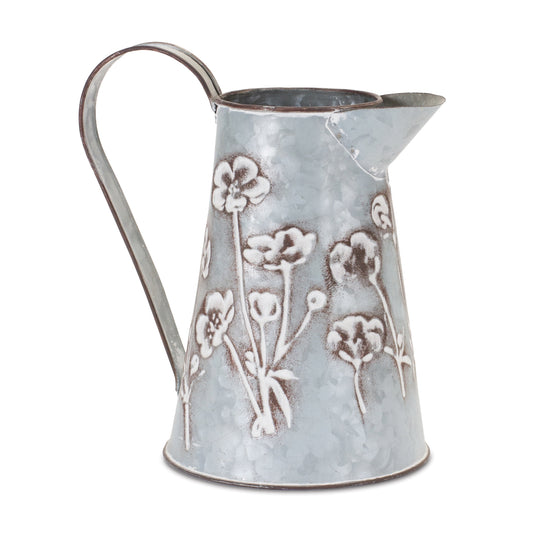 Floral Stamped Metal Pitcher Vase 8.75"H