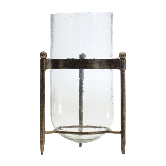 Glass Hurricane Candle Holder in Metal Stand 13.5"H