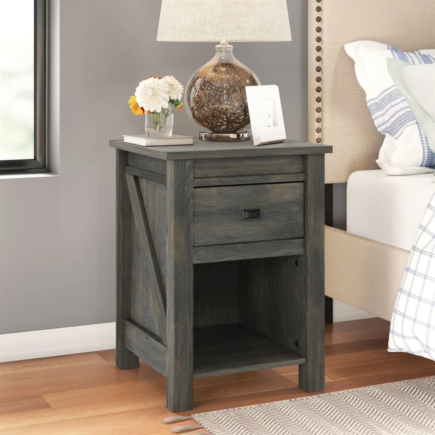 Farmhouse 1-Drawer Bedroom Nightstand with Open Shelf in Rustic Grey Oak