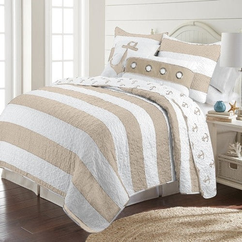 3 Piece Nautical Stripped/Anchors Reversible Microfiber Quilt Set Beige, Full/Queen