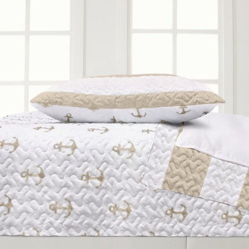 3 Piece Nautical Stripped/Anchors Reversible Microfiber Quilt Set Beige, Full/Queen