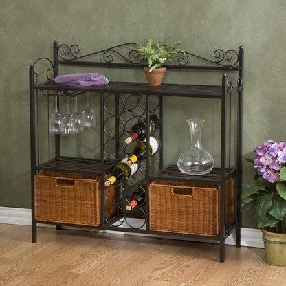 Kitchen Dining Baker's Rack with Wine Storage and Rattan Baskets