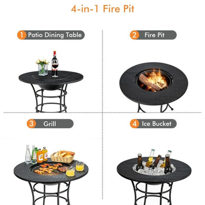 4 in 1 Fire Pit, Grill Cooking BBQ Grate, Ice Bucket, Dining Table