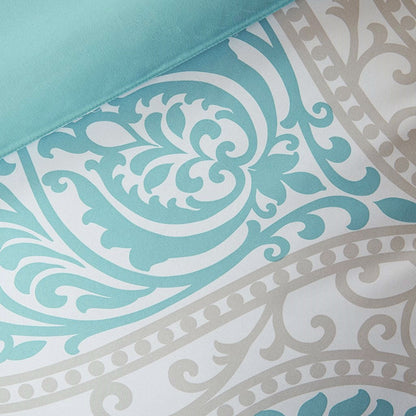 Full / Queen size 5-Piece Damask Comforter Set in Light Blue White and Grey