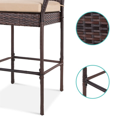 Set of 2 Brown Indoor/Outdoor Wicker Bar Stools w/ 2 Tan Cushions