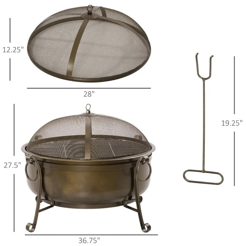 Large Wood Burning Fire Pit Cauldron Style Steel Bowl w/ BBQ Grill, Log Poker, and Mesh Screen Lid