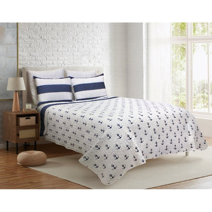 3 Piece Nautical Stripped/Anchors Reversible Microfiber Quilt Set Navy, King