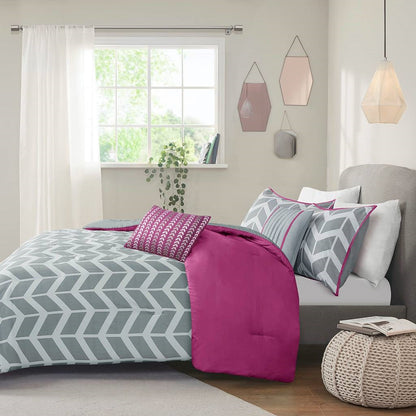 Twin Reversible Comforter Set with Grey White Purple Pink Chevron Pattern