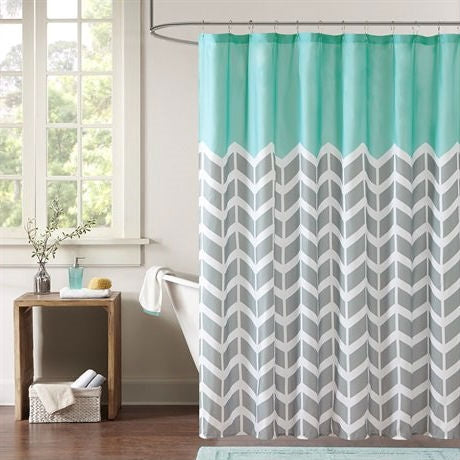 Teal Grey White Zig Zag Chevron Microfiber Shower Curtain