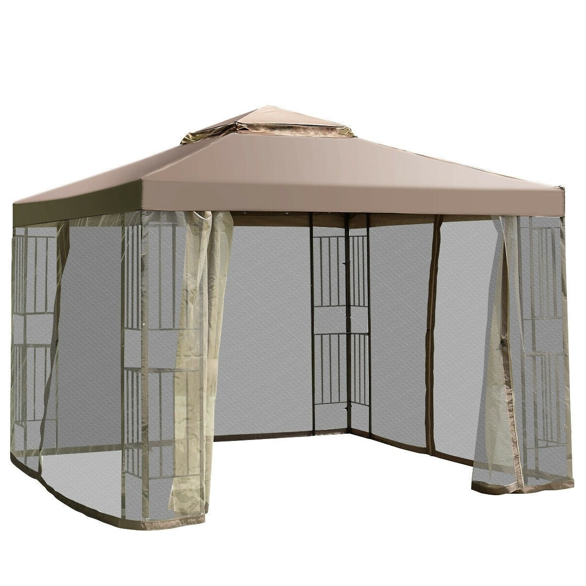 Outdoor Patio Gazebo with Taupe Brown Canopy and Mesh Sidewalls