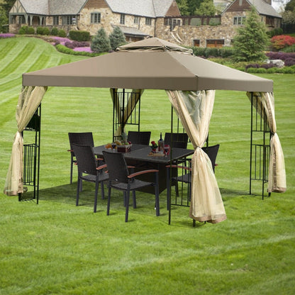 Outdoor Patio Gazebo with Taupe Brown Canopy and Mesh Sidewalls