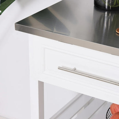 White Rolling Kitchen Island 2 Drawers Storage with Stainless Steel Top