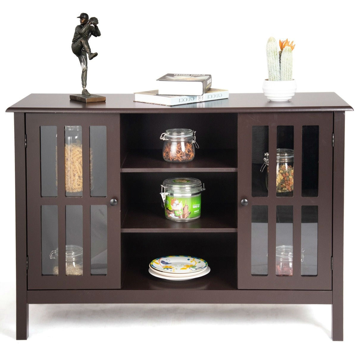 Brown Wood Sofa Tale Console Cabinet with Tempered Glass Panel Doors